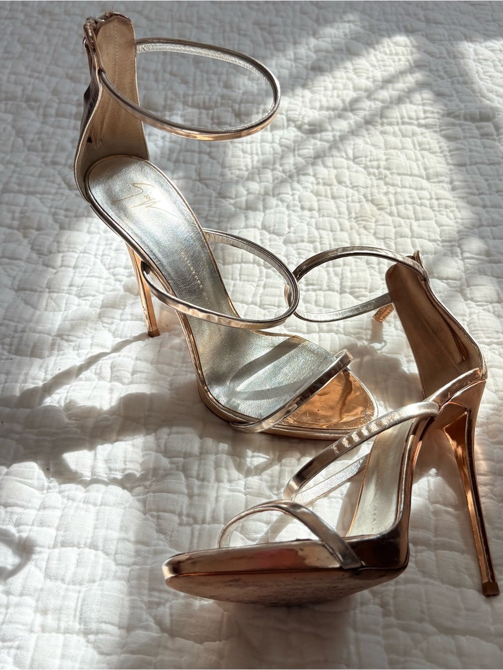 Giuseppe Zanotti Rose Gold Metallic Strappy Stiletto Sandals